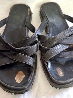 VINTAGE 1990s CHANEL DEBOSSED LOGO PLATFORM SANDALS CROSSOVER STRAPS BLACK 38